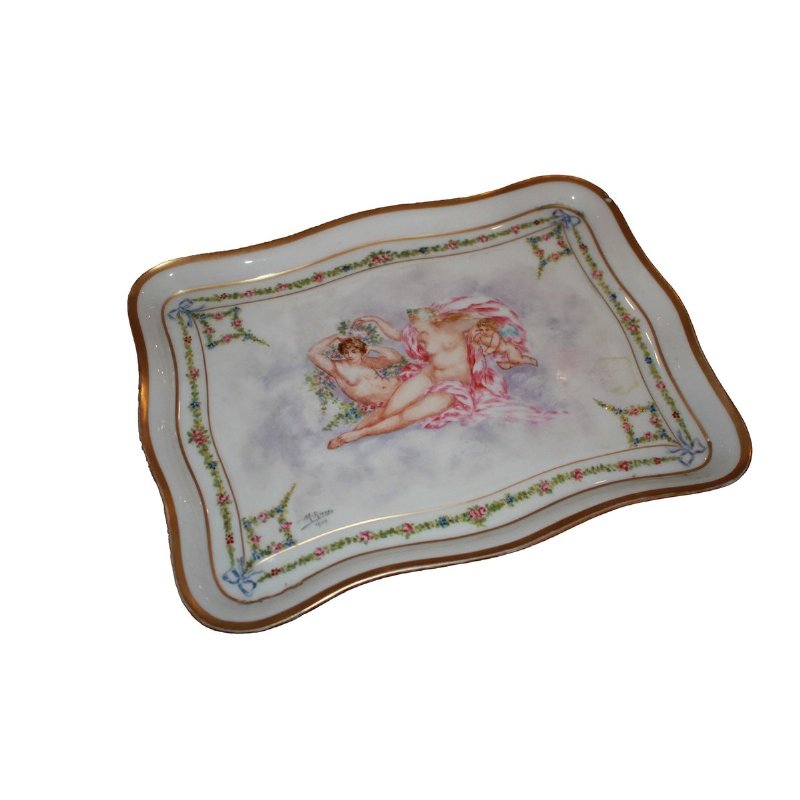 Small White French Porcelain Rectangular Tray with Figures