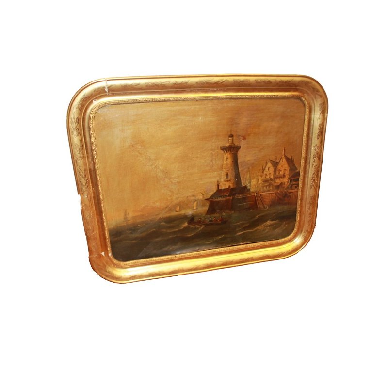 Paisaje marino con faro – Óleo sobre lienzo, siglo XVIII