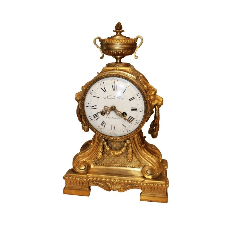Raffinato orologio da camino francese in bronzo dorato al mercurio