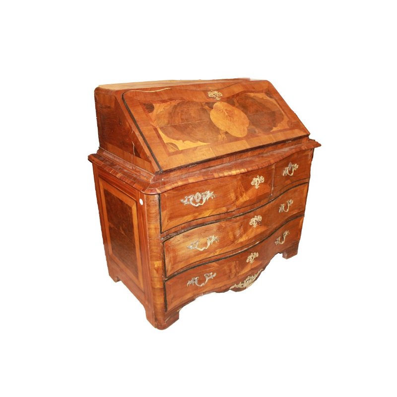 Ribalta francese di fine XVIII secolo in stile Luigi XV in legno pregiato con intarsi geometrici e floreali