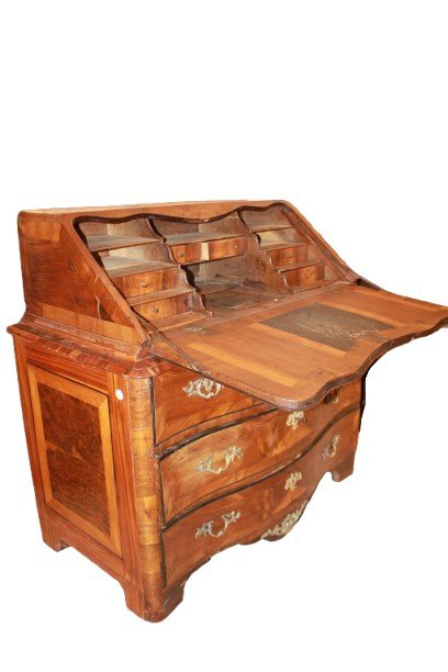 Ribalta francese di fine XVIII secolo in stile Luigi XV in legno pregiato con intarsi geometrici e floreali - Foto 5