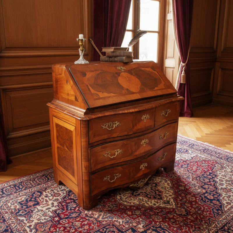 Ribalta francese di fine XVIII secolo in stile Luigi XV in legno pregiato con intarsi geometrici e floreali - Foto 8