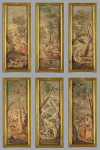 Sechs Aquarelle auf Seide, die Jagdszenen und Figuren darstellen, 18./19. Jh.
