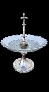 Silver-plated metal centerpiece/fruit bowl with frosted crystal bowl. Christofle. France.
