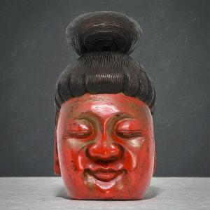  Maschera Orientale in Legno Laccato - Inizio XX Secolo