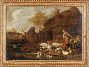 Jan Siberchts (1627-1703 ca), Das Entenbad, Öl auf Parkett, flämische Schule, 17. Jahrhundert