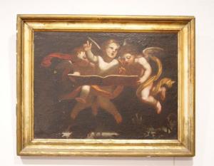 Dipinto Olio su tela italiano del 1600 raffigurante 3 angeli cherubini e le "tavole della Legge"