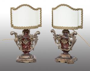 Pair of antique Louis XIV lamps in silver and mixture with central lacquering. Rome, 18th century.