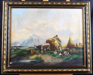 Altes Ölgemälde auf Leinwand aus dem 19. Jahrhundert, Nordeuropa, Öl auf Leinwand, "Pastorale Szene"