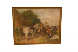 Altes Pastell, das eine ländliche Landschaft mit Wagen und Figuren darstellt.