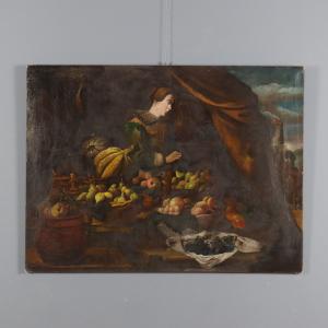 Dipinto Bancarella di Frutta con Figura