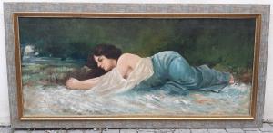 Dipinto orizzontale antico fanciulla distesa, dell'800