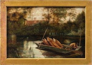 English painter (late 19th century) - River landscape with boat.