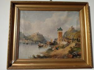 Olio su cartone inglese del 1800 raffigurante lago italiano 