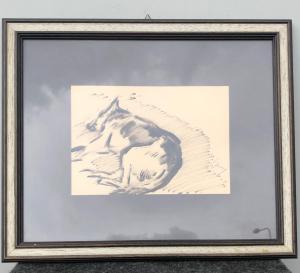 Desenho a carvão representando um cão pastor alemão dormindo. Gino Marzocchi. Bolonha (1895-1981).