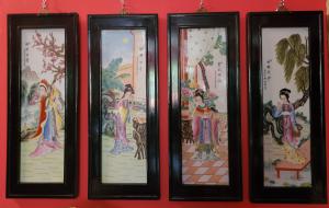 4 decorations on Chinese ceramics, 20th century, ebonized wood frame