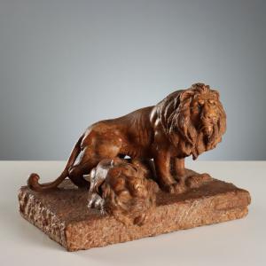 Lions Sculpture in Red Marble from Verona, Italy, 1930s