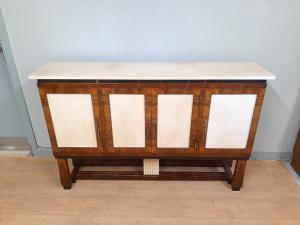 Credenza mobile alto art deco in radica di noce, ebano e pergamena anno 1940