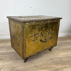 Porta carbone antico in legno ottone baule d'epoca vecchia carboniera 