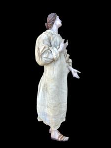 Nativity scene sculpture with terracotta face and wood and fabric structure. Naples.