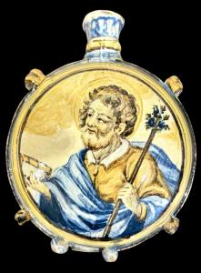 Pilgerflasche aus Majolika mit Darstellung des Heiligen Antonius von Padua und der Madonna. Castelli d'Abruzzo, Werkstatt Gentilì.