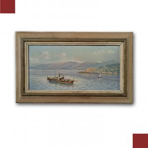 PAINTING WITH SEASCAPE AND BOATS, FIRST HALF OF THE 20TH CENTURY