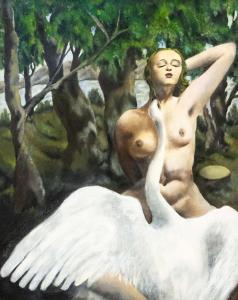 "Leda und der Schwan", Öl auf Leinwand, surrealistisches Gemälde, Epoche 20. Jahrhundert, "Leda and the Swan", Öl auf Leinwand, surrealistisches Gemälde, Epoche 20. Jahrhundert