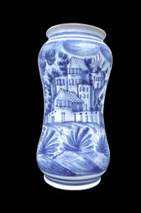 Maiolica albarello with landscape decoration in turquoise monochrome. Naples.