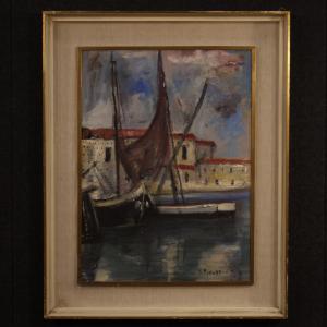 Italian painting signed harbor view with boats