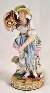 Porcellana viennese "Dama con gabbia con uccellino e pecorella".
