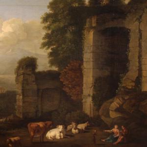 Großes italienisches Gemälde des 17. Jahrhunderts, bukolische Landschaft mit Ruinen