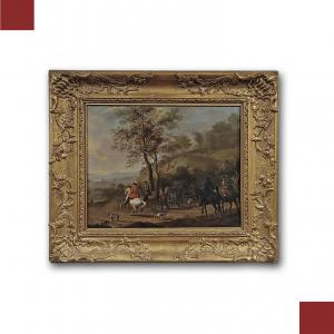 PAINTING WITH HUNTING SCENE MID-18TH CENTURY