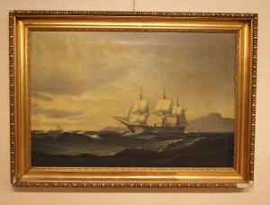Antico Dipinto olio su tela del 1800 raffigurante veliero in mare 