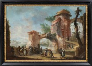 Pittore italiano (XVIII sec.) - Paesaggio con rovine e personaggi. 