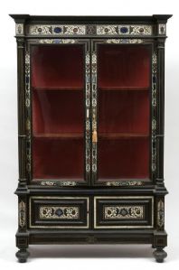 Vetrina Libreria Cristalliera intarsiata in legno ebanizzato e pietre dure