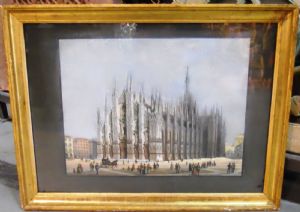 Il Duomo di Milano tempera su carta scuola del Migliara meta' XIX° sec. cm. 70 x 53