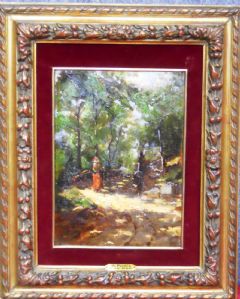 Paesaggio boschivo olio su tavoletta cm.32x27 . Nella penombra di un viale nel bosco vi e' una donna..riferibile al 1890 circa