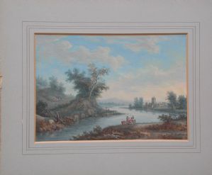 ludw Agricola coppia di paesaggi a tempera  su carta con fiume colline Ratisbona  1667-1719.Completi di cornici antiche dorate 