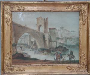 Piccolo paesaggio con figure  fiume e ponte campagna romana tempera su pergamena cm.34x29 Roma XVII° sec.
