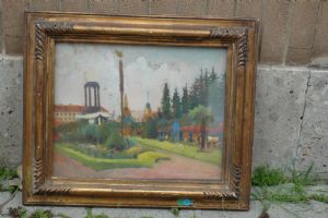 Renato Javarone   Gioia del Colle 1894 1960    la piazza di Arona firmato e datato 1935 olio su tavola cm.35 x 45
