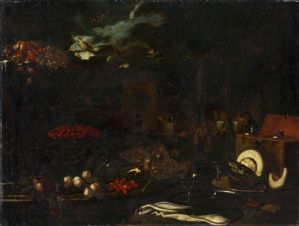 Pier Francesco Cittadini genannt il Milanese "Garten mit Fest und Tisch gedeckt mit kandierten Früchten, Silber und Blumen"