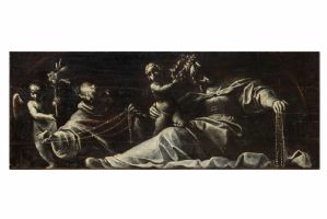 Saint Dominic with the Virgin of the Rosary accompanied by two little angels carrying a lily and a crown of roses
