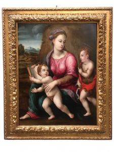 Favoloso dipinto olio su tavola raffigurante Madonna con bambino e San Giovannino attribuito a Giovanni Battista VERROCCHI (maestro di Volterra) cm.110x82 FIRENZE XVI secolo 
