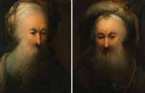 Coppia di dipinti, ritratti di uomini orientali barbuti con turbante.