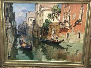 Angelo Brombo, Chioggia 1892 - Veneza 1962, Canal com gôndolas em Veneza, óleo sobre tela cm. 60 x 80