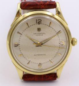 Orologio da polso Universal Geneve automatico a martello (bumper) in oro 18k. Anni 50