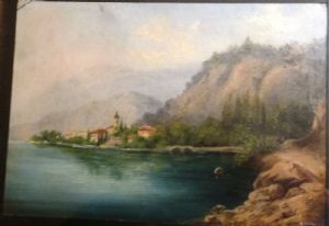 Grazioso dipinto veduta del lago di Como con la penisola di Mandello. Tempera su carta cm. 20 x 15
