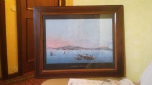 Guache napoletana con golfo di Napoli e Vesuvio con cornice d'epoca tempera su carta cm.40 x 30