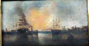 Scuola di Williams Turner 1775 1851 Marina,porto al tramonto olio su tela cm.55x30 con cornice antica