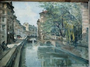 Firmato  Ferrazzi pseudonimo di Riva Zangli Fortunato coppia di vedute di Milano antica I navigli via Senato La stazione centrale Olio su cartoncino cm. 40x50